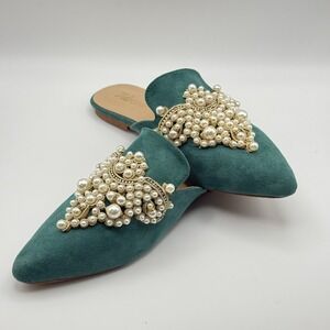 Tilocow Pearl Embellished Pointed Toe Mule Flats Teal Green Women's 8.5